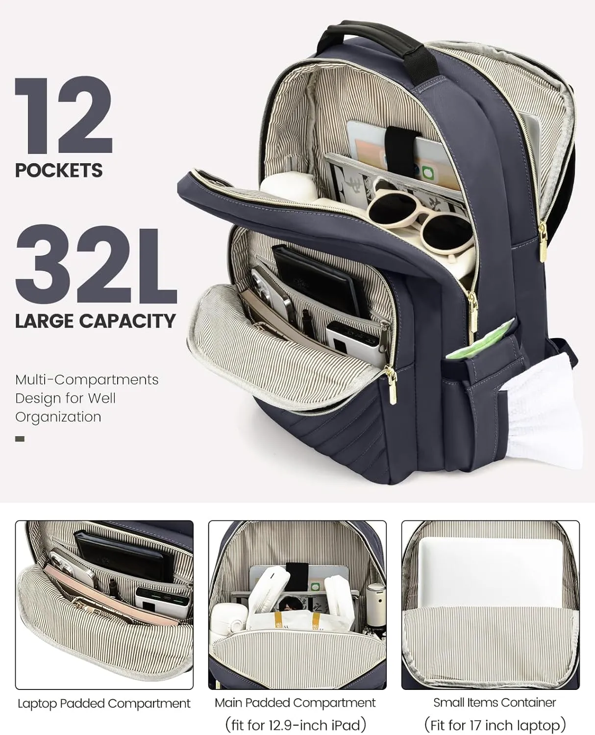 LOVEVOOK Laptop Backpack for Women, 17 Inch Large Capacity Travel Computer Work Bags, Business Nurse Backpack Purse for Womens, Backpacks, Dark Grey