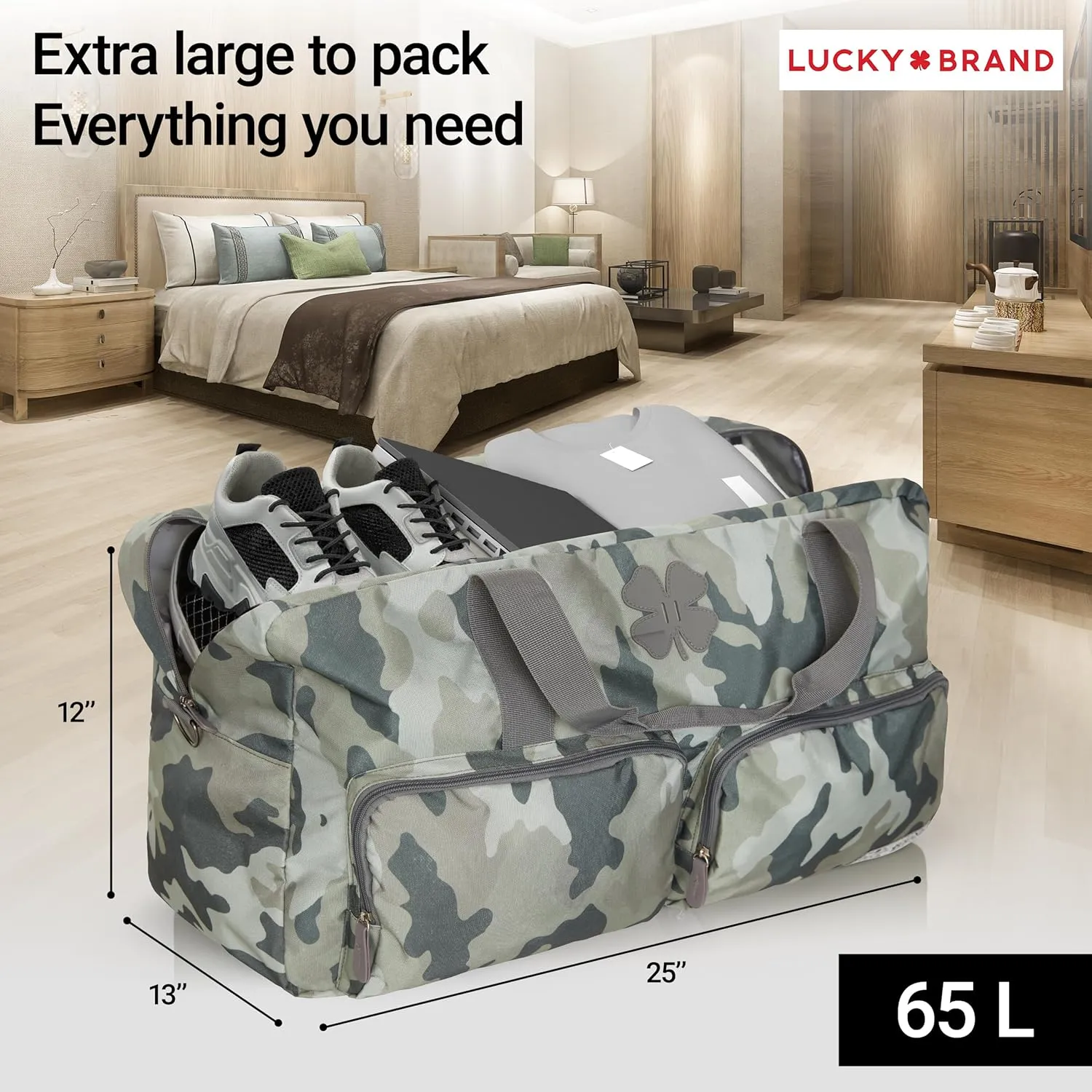 Lucky Travel Duffel Bags 65L, Gym Bag, Travel Bag & Large Duffle Bag for Men, Foldable Overnight Weekender Bags for Women & Men with Adjustable Shoulder Strap, Camo