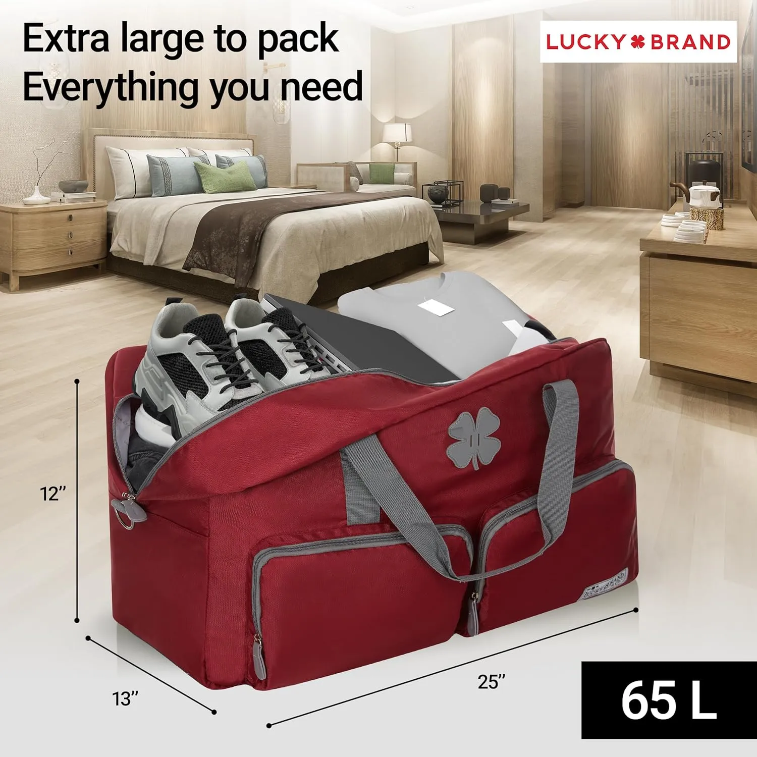 Lucky Travel Duffel Bags 65L, Gym Bag, Travel Bag & Large Duffle Bag for Men, Foldable Overnight Weekender Bags for Women & Men with Adjustable Shoulder Strap, Winery