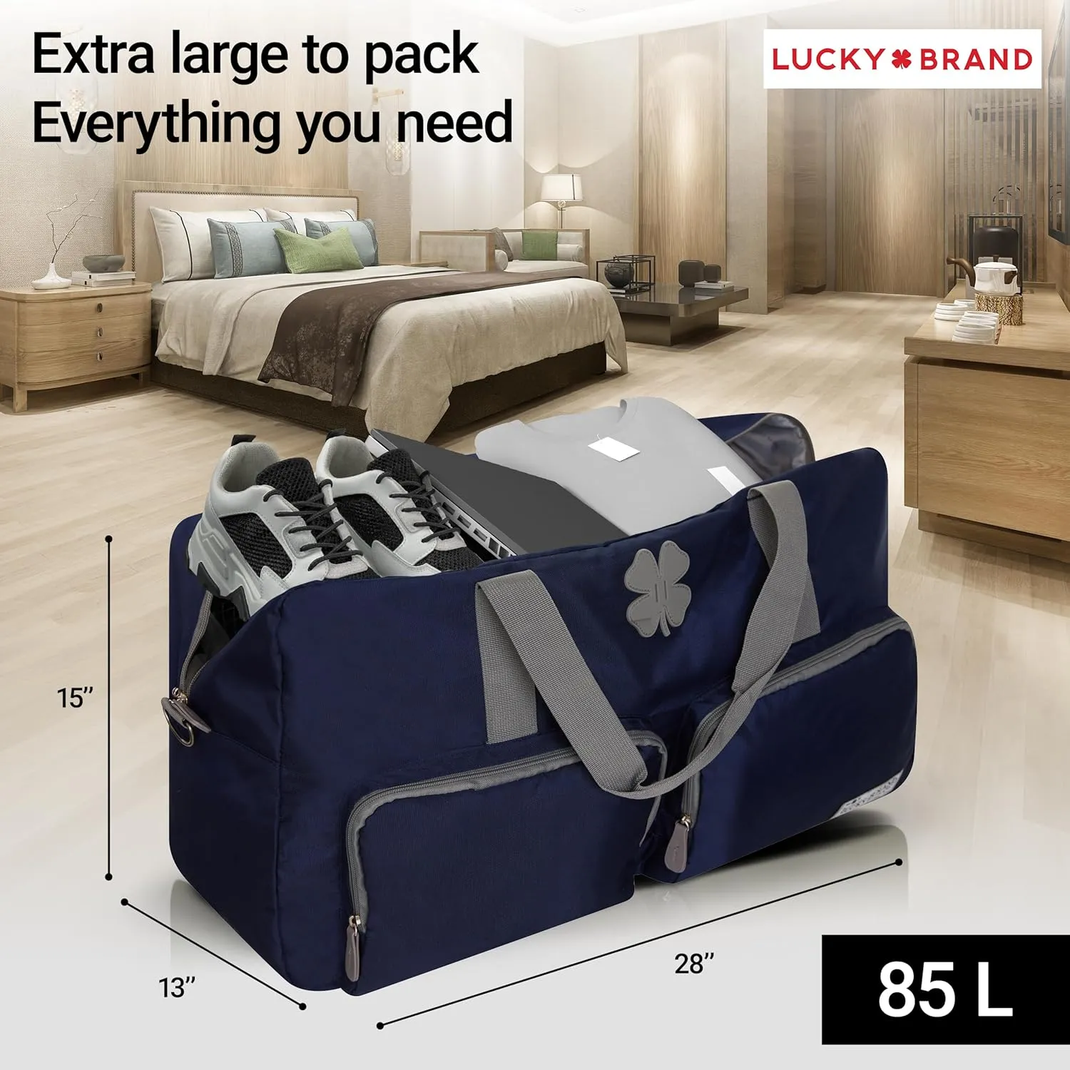 Lucky Travel Duffel Bags 85L, Gym Bag, Travel Bag & Large Duffle Bag for Men, Foldable Overnight Weekender Bags for Women & Men with Adjustable Shoulder Strap, Navy