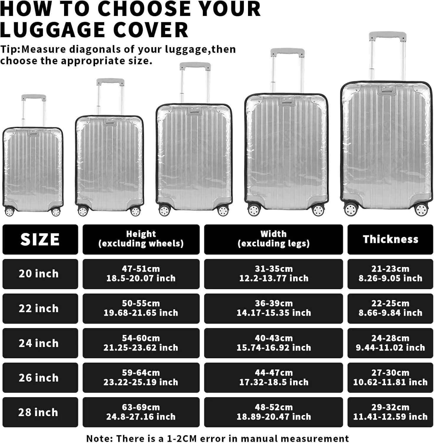 Luggage Cover Protectors PVC Clear 20, 22, 24, 26, 28,30 Inch, Suitcase Covers for Luggage, Transparent Heavy-Duty Waterproof Protector for Wheeled Suitcases, Luggage Cover Protector (24 Inch)