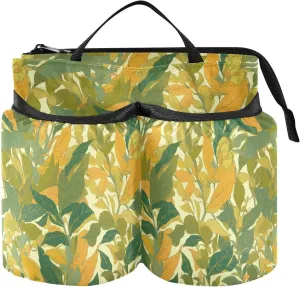 Luggage Cup Phone Holder Free Hand Green Yellow Leaves Pattern Print Art Travel Holder Free Hand Hold Two Coffee Mugs for Suitcase Attachemt