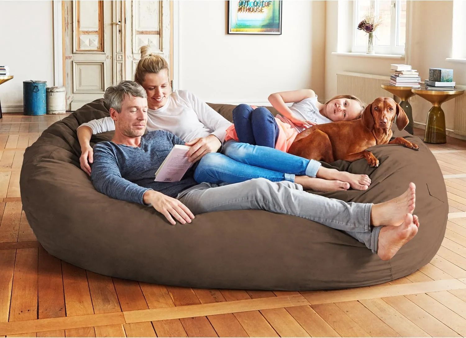 Lumaland Luxurious Giant 7ft Bean Bag Chair with Microsuede Cover - Ultra Soft, Foam Filling, Washable XXL Bean Bag Sofa for Kids, Teenagers, Adults - Sack Chair for Dorm, Family Room - Brown