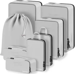 Lumesner 8-Piece Grey Compression Packing Cubes for Carry-On Suitcases, Lightweight Polyester Travel Packing Cubes with Zipper Closure