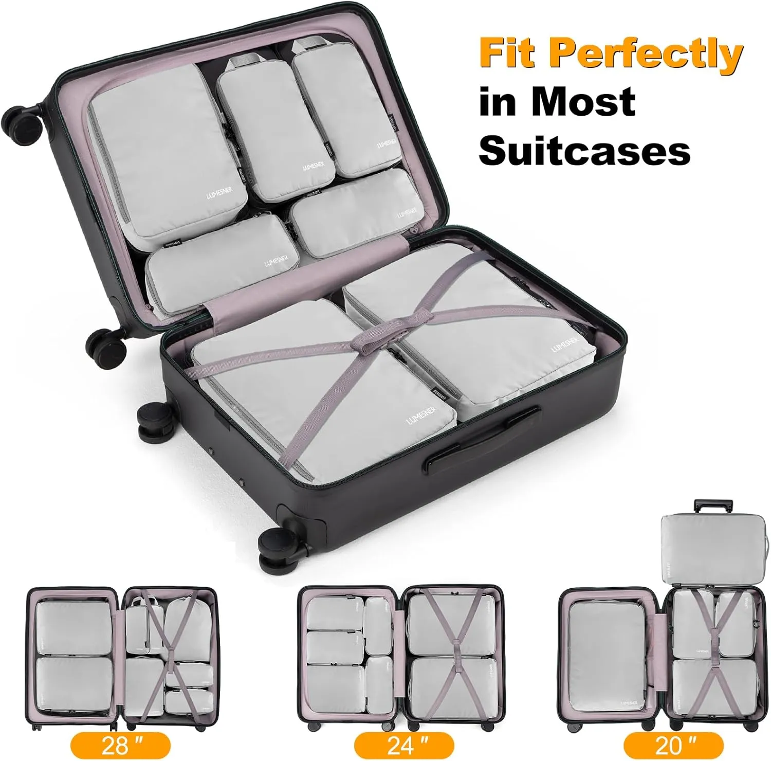 Lumesner 8-Piece Grey Compression Packing Cubes for Carry-On Suitcases, Lightweight Polyester Travel Packing Cubes with Zipper Closure
