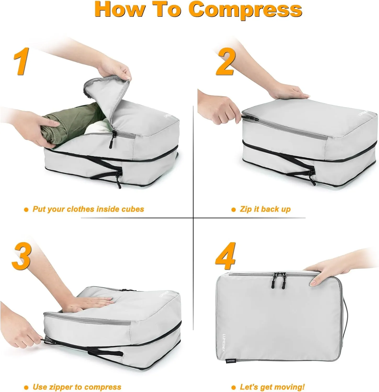 Lumesner 8-Piece Grey Compression Packing Cubes for Carry-On Suitcases, Lightweight Polyester Travel Packing Cubes with Zipper Closure
