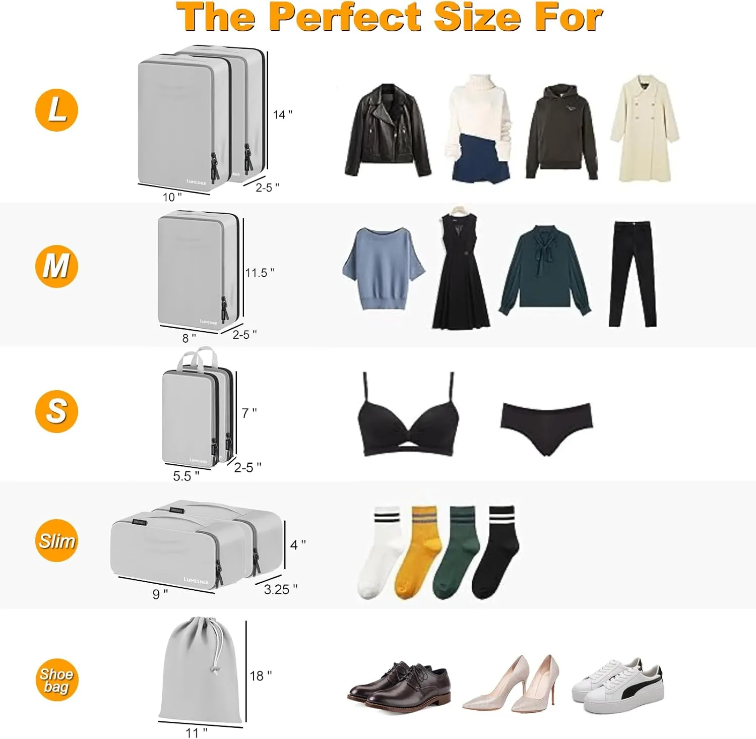 Lumesner 8-Piece Grey Compression Packing Cubes for Carry-On Suitcases, Lightweight Polyester Travel Packing Cubes with Zipper Closure