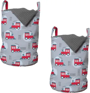 Lunarable Train Laundry Bag Pack of 2, Cartoon Pattern of Digital Drawn Locomotive Pattern with Railroad Tracks, Hamper Basket with Handles Drawstring Closure, 13" x 19", Purpleblue Dark Pink