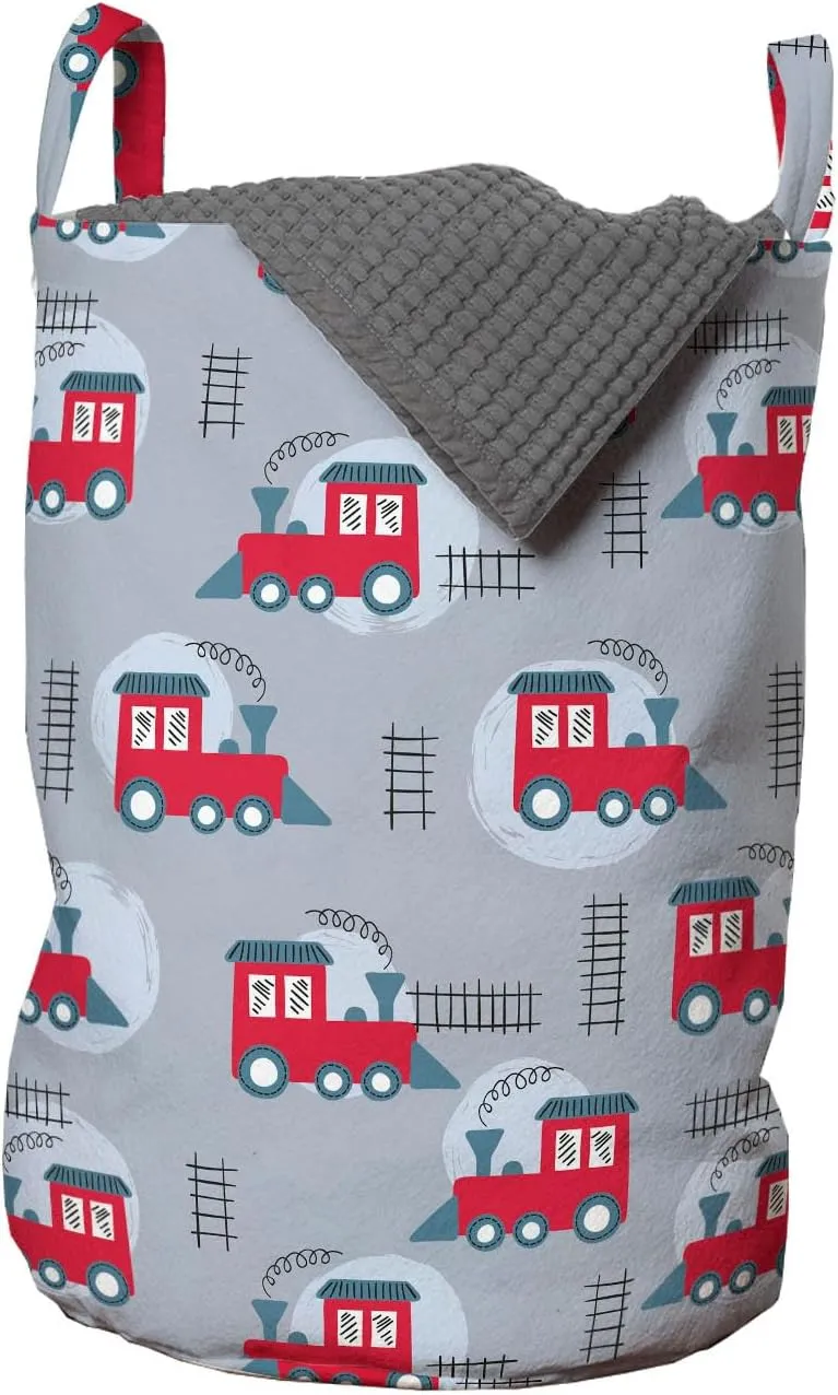 Lunarable Train Laundry Bag Pack of 2, Cartoon Pattern of Digital Drawn Locomotive Pattern with Railroad Tracks, Hamper Basket with Handles Drawstring Closure, 13" x 19", Purpleblue Dark Pink