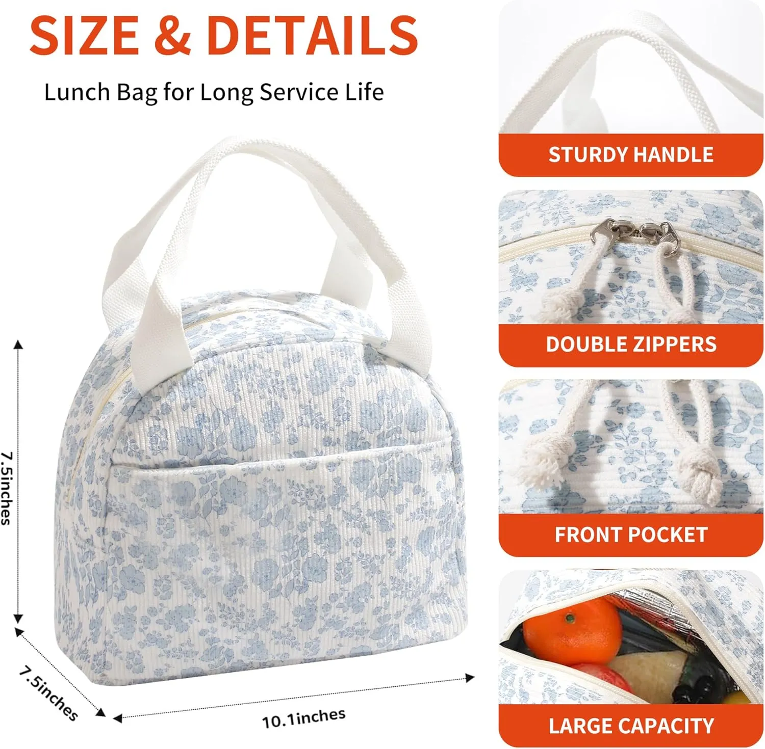 Lunch Box for Wome Men Large Capacity Insulated Lunch Tote Bag for Kids Cute Corduroy Lunch Bags For Work Travel School Or Picnic (Navy blue flower)