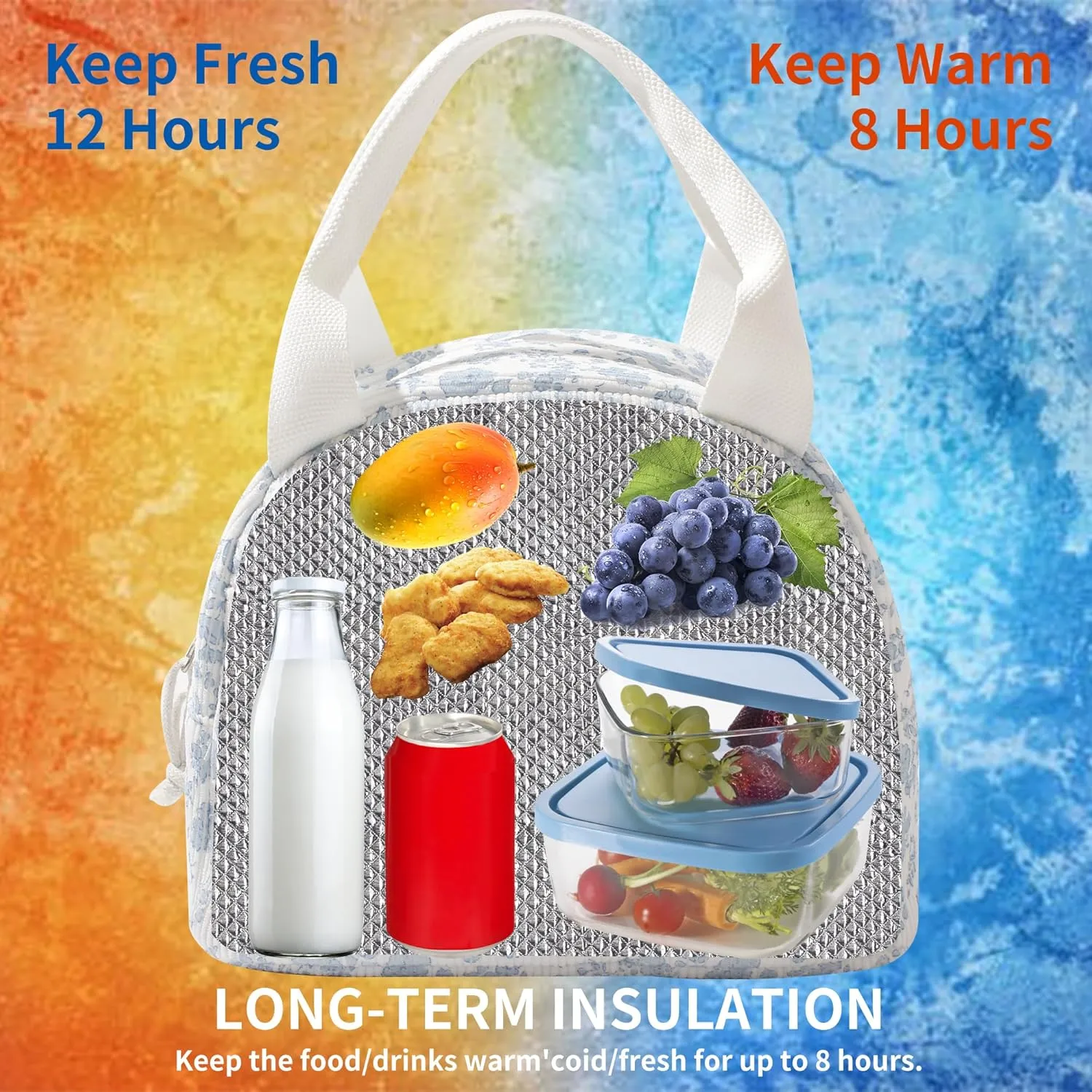 Lunch Box for Wome Men Large Capacity Insulated Lunch Tote Bag for Kids Cute Corduroy Lunch Bags For Work Travel School Or Picnic (Navy blue flower)