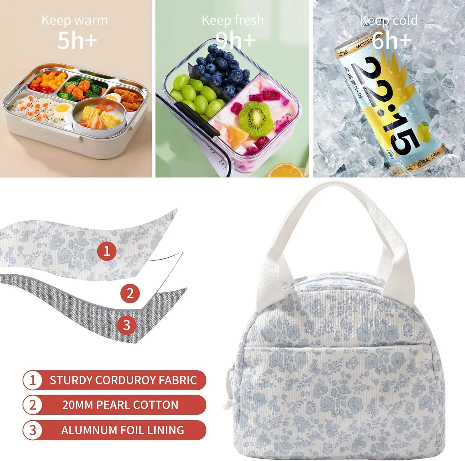 Lunch Box for Wome Men Large Capacity Insulated Lunch Tote Bag for Kids Cute Corduroy Lunch Bags For Work Travel School Or Picnic (Navy blue flower)