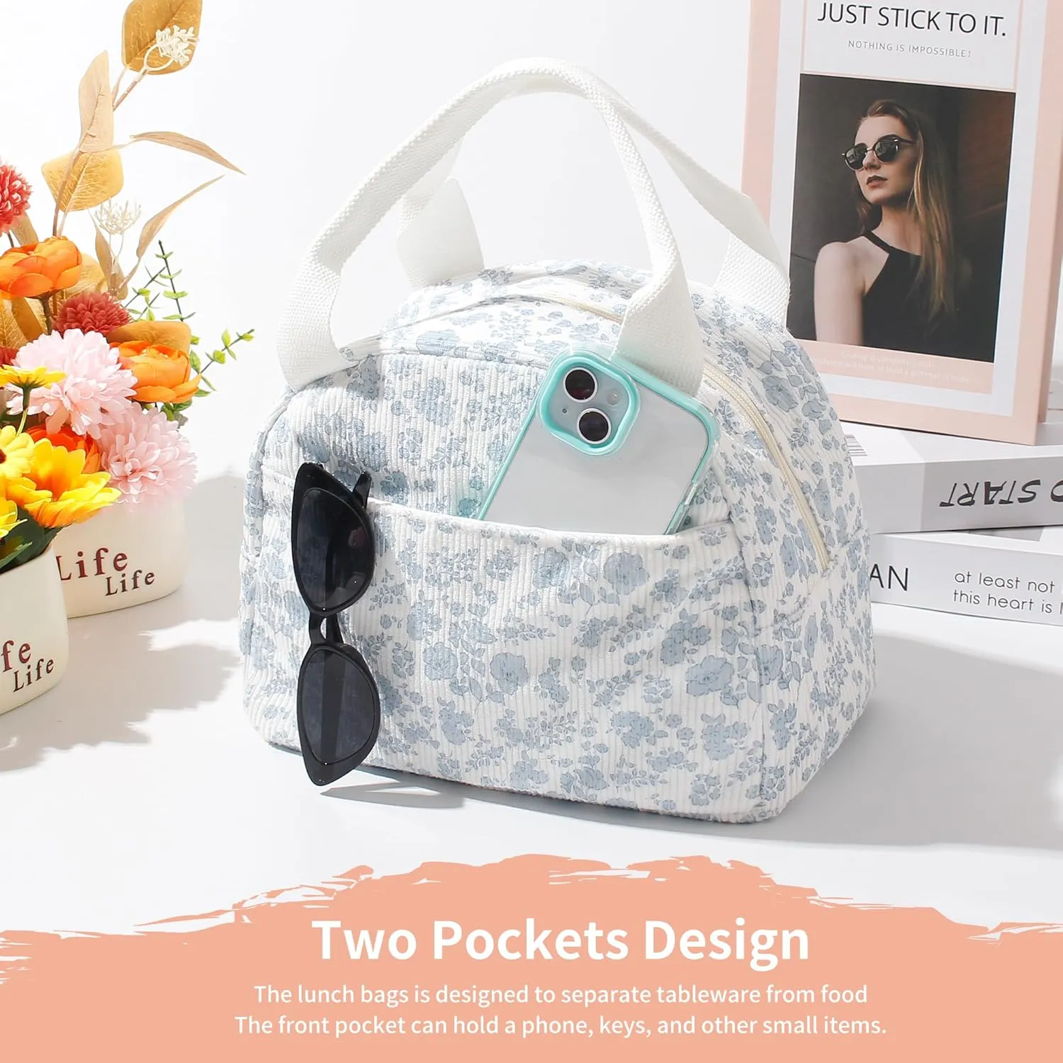 Lunch Box for Wome Men Large Capacity Insulated Lunch Tote Bag for Kids Cute Corduroy Lunch Bags For Work Travel School Or Picnic (Navy blue flower)