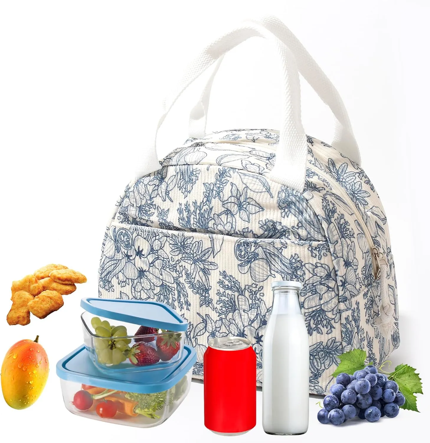 Lunch Box for Wome Men Large Capacity Insulated Lunch Tote Bag for Kids Cute Corduroy Lunch Bags For Work Travel School Or Picnic (Navy blue flower)