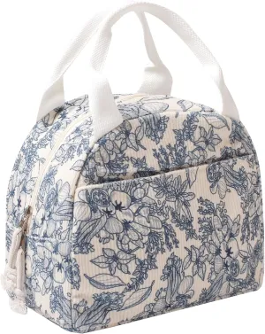 Lunch Box for Wome Men Large Capacity Insulated Lunch Tote Bag for Kids Cute Corduroy Lunch Bags For Work Travel School Or Picnic (Navy blue flower)