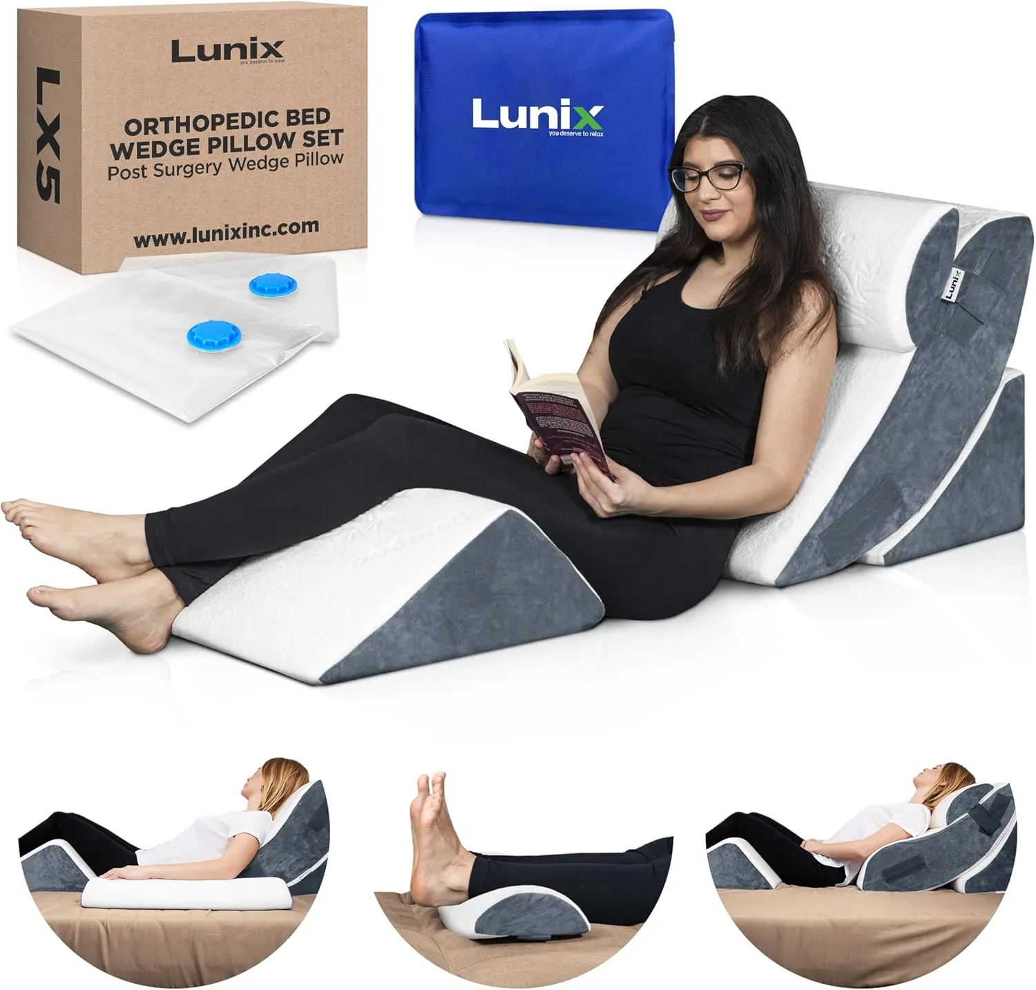 Lunix 4pcs Orthopedic Bed Wedge Pillow Set, Post Surgery Memory Foam for Back, Knee, Leg Pain Relief, Sitting Pillow for Sleeping, Acid Reflux, GERD, with Hot Cold Pack, FSA HSA Eligible, White Navy