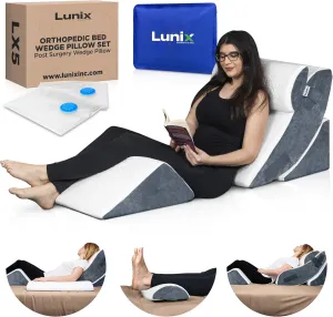 Lunix 4pcs Orthopedic Bed Wedge Pillow Set, Post Surgery Memory Foam for Back, Knee, Leg Pain Relief, Sitting Pillow for Sleeping, Acid Reflux, GERD, with Hot Cold Pack, FSA HSA Eligible, White Navy