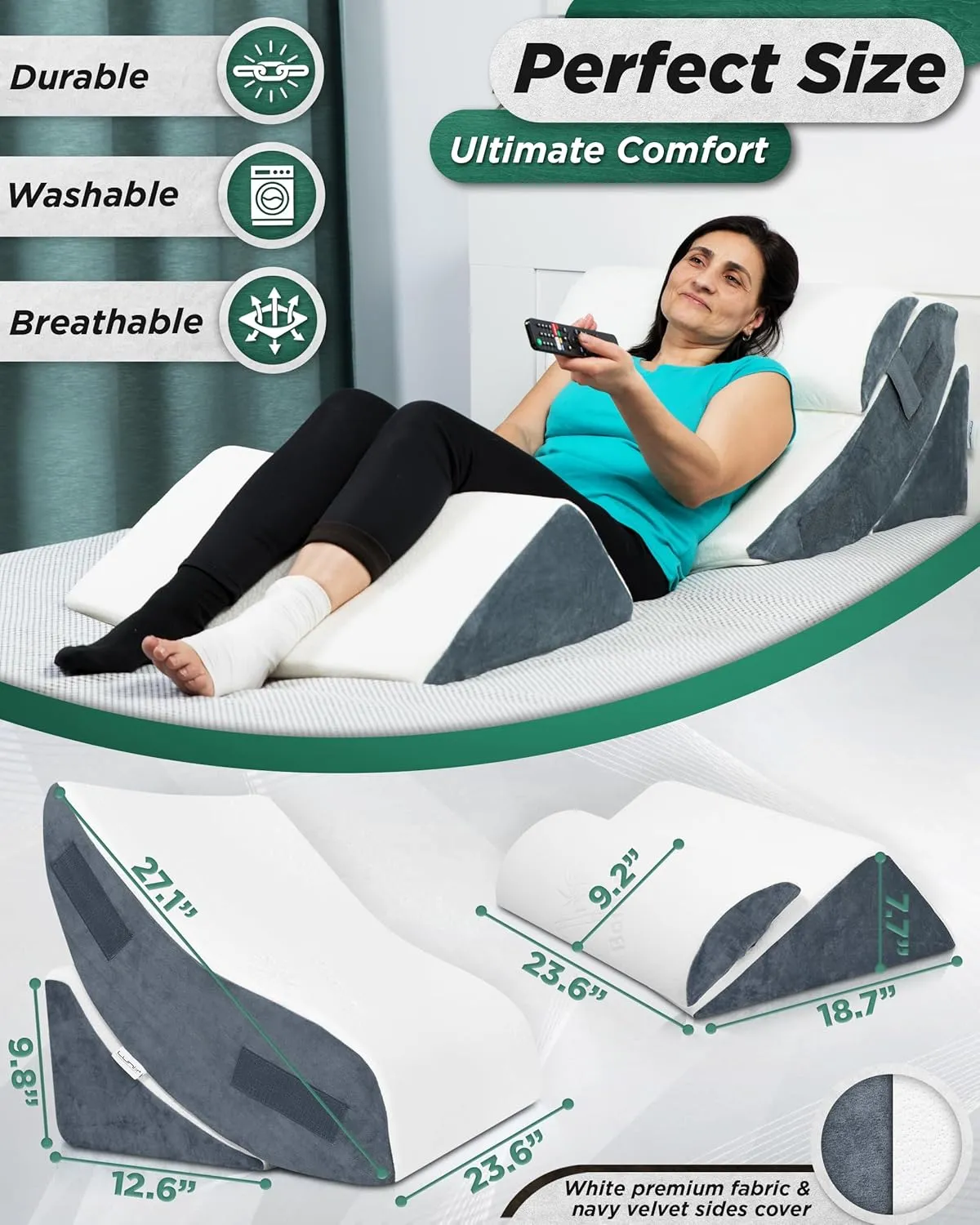 Lunix 4pcs Orthopedic Bed Wedge Pillow Set, Post Surgery Memory Foam for Back, Knee, Leg Pain Relief, Sitting Pillow for Sleeping, Acid Reflux, GERD, with Hot Cold Pack, FSA HSA Eligible, White Navy