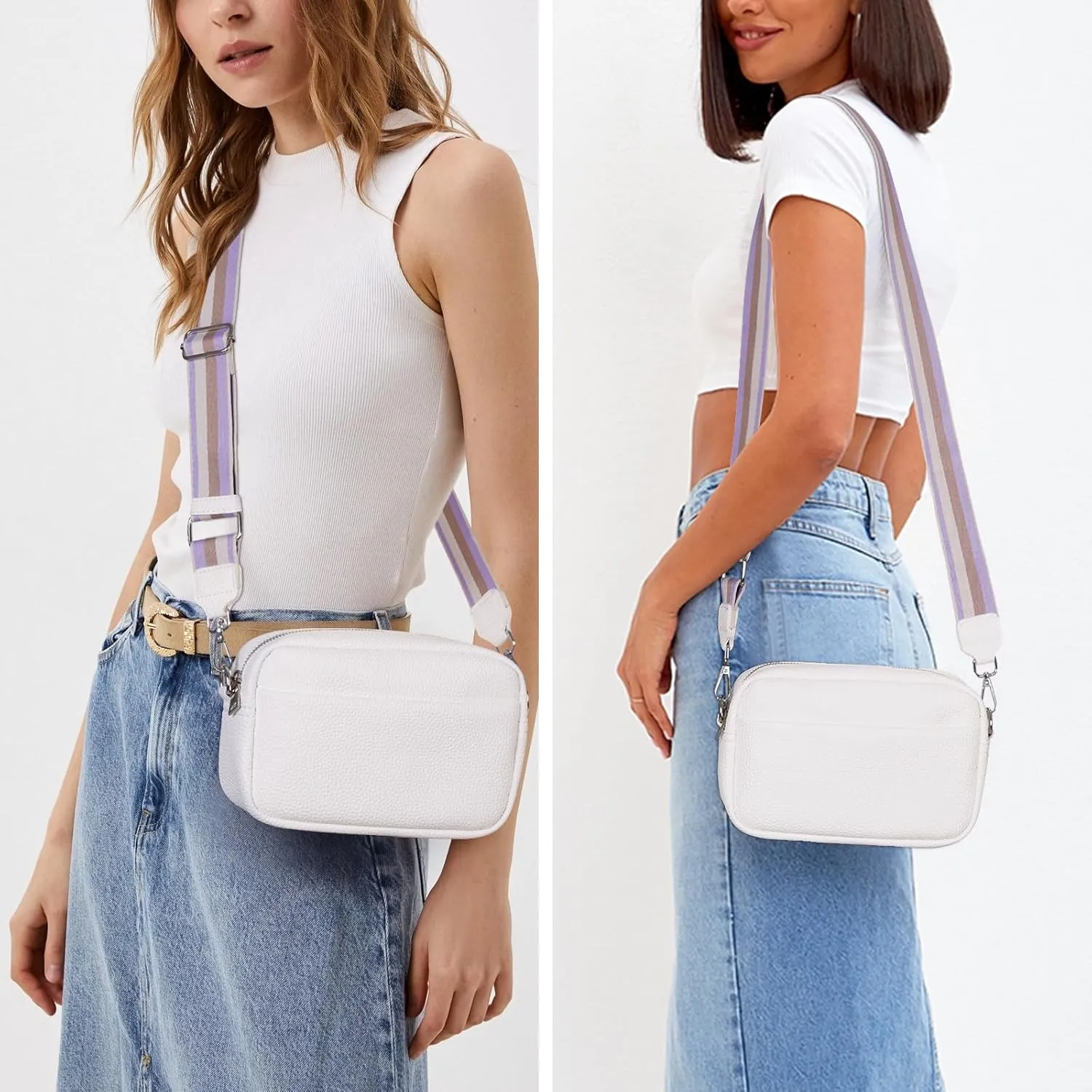 Lushandy Leather Crossbody Bags for Women Crossbody Camera Bag Purse Thick Strap Trendy Small Shoulder Bag with Guitar Strap