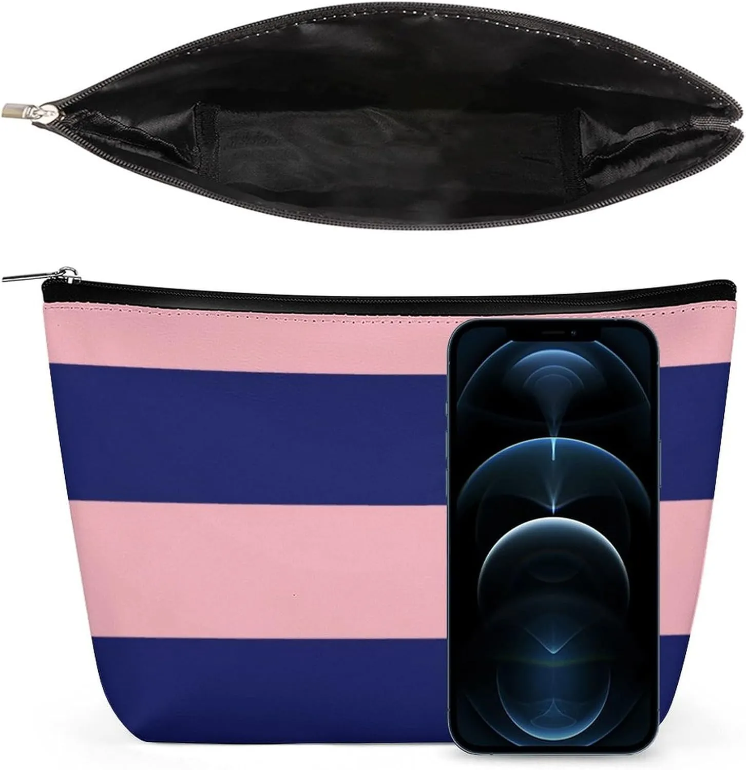 Makeup Bag for Women, Adorable Roomy Zipper Pouch Portable Organizer Cosmetic Bag Travel Storage Accessories (Pink Navy Blue Bold Stripe)