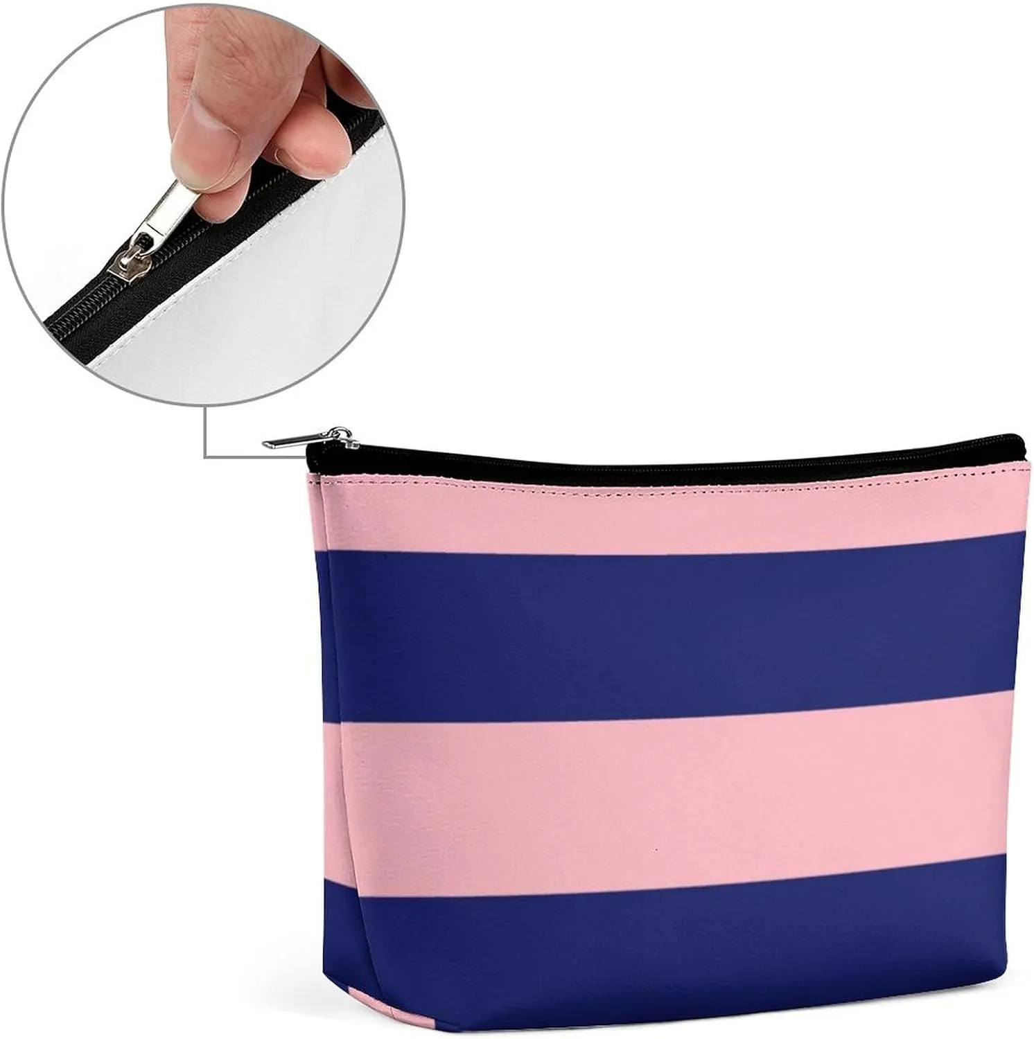 Makeup Bag for Women, Adorable Roomy Zipper Pouch Portable Organizer Cosmetic Bag Travel Storage Accessories (Pink Navy Blue Bold Stripe)