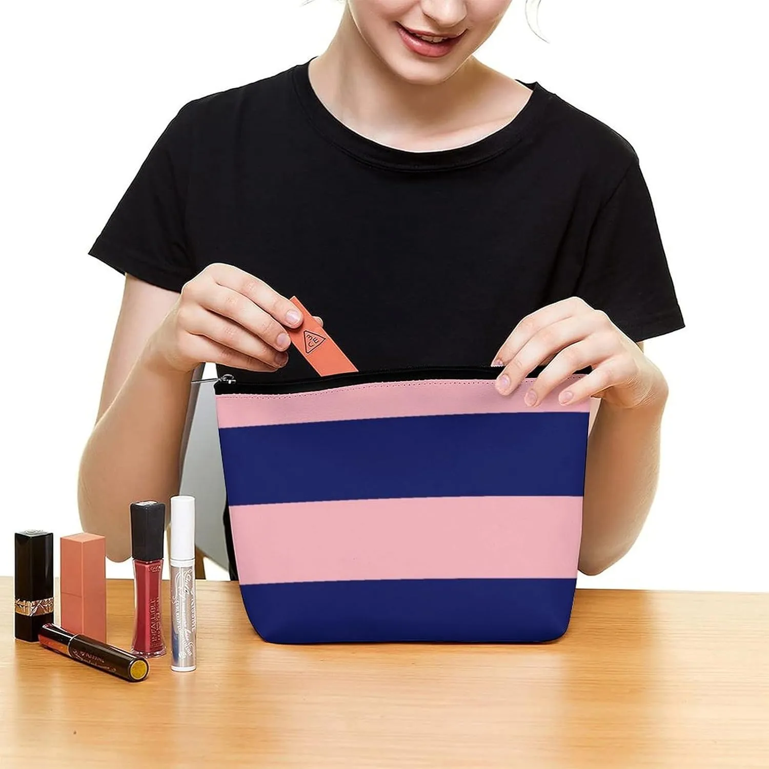 Makeup Bag for Women, Adorable Roomy Zipper Pouch Portable Organizer Cosmetic Bag Travel Storage Accessories (Pink Navy Blue Bold Stripe)