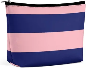 Makeup Bag for Women, Adorable Roomy Zipper Pouch Portable Organizer Cosmetic Bag Travel Storage Accessories (Pink Navy Blue Bold Stripe)
