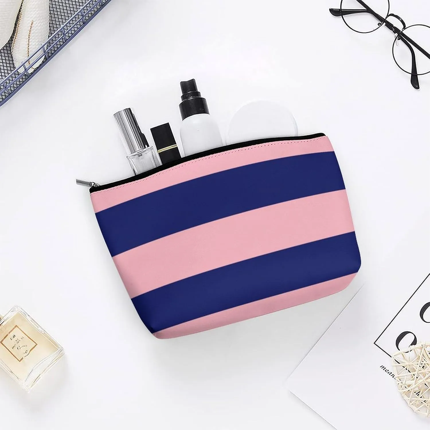 Makeup Bag for Women, Adorable Roomy Zipper Pouch Portable Organizer Cosmetic Bag Travel Storage Accessories (Pink Navy Blue Bold Stripe)