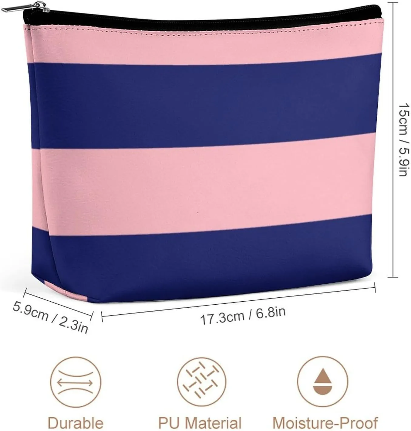 Makeup Bag for Women, Adorable Roomy Zipper Pouch Portable Organizer Cosmetic Bag Travel Storage Accessories (Pink Navy Blue Bold Stripe)