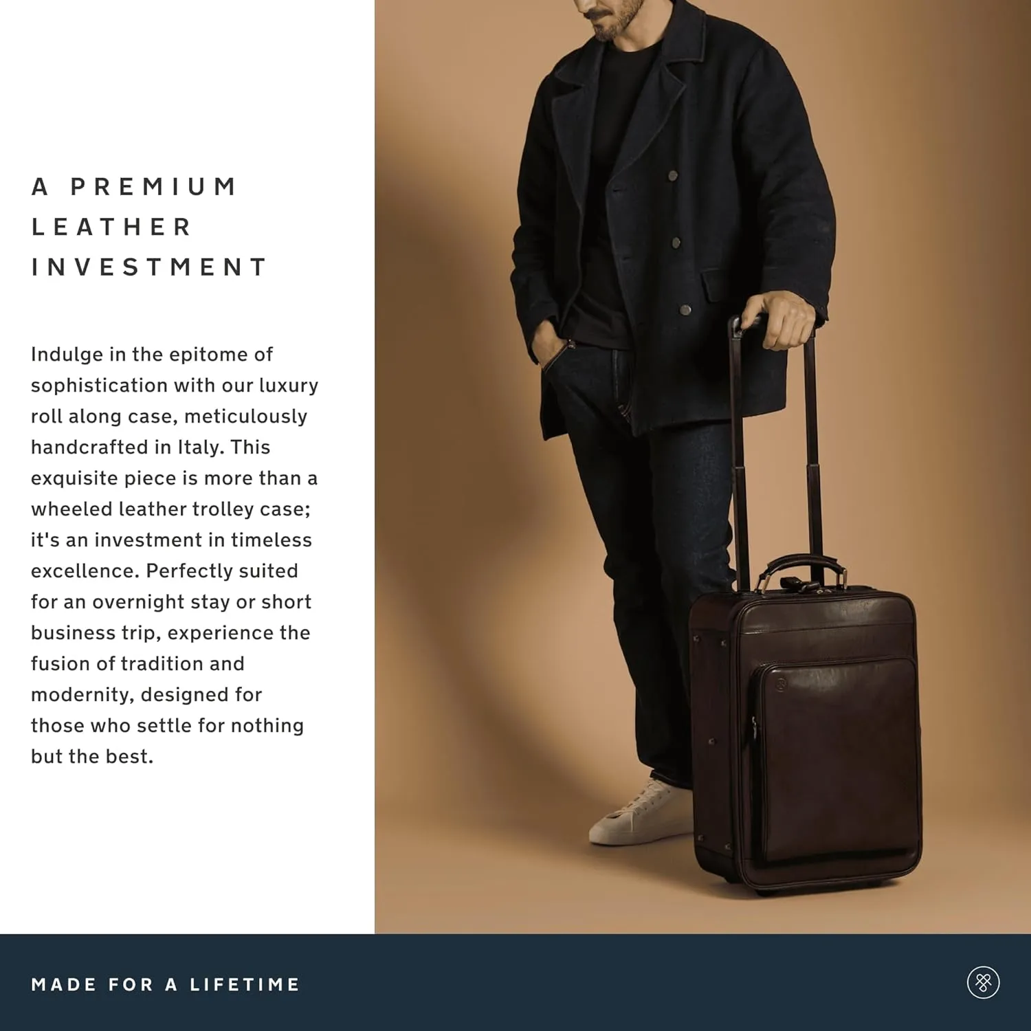 Maxwell Scott - Personalized Luxury Leather Wheeled Rolling Trolley Case Luggage - The Piazzale - Dark Brown