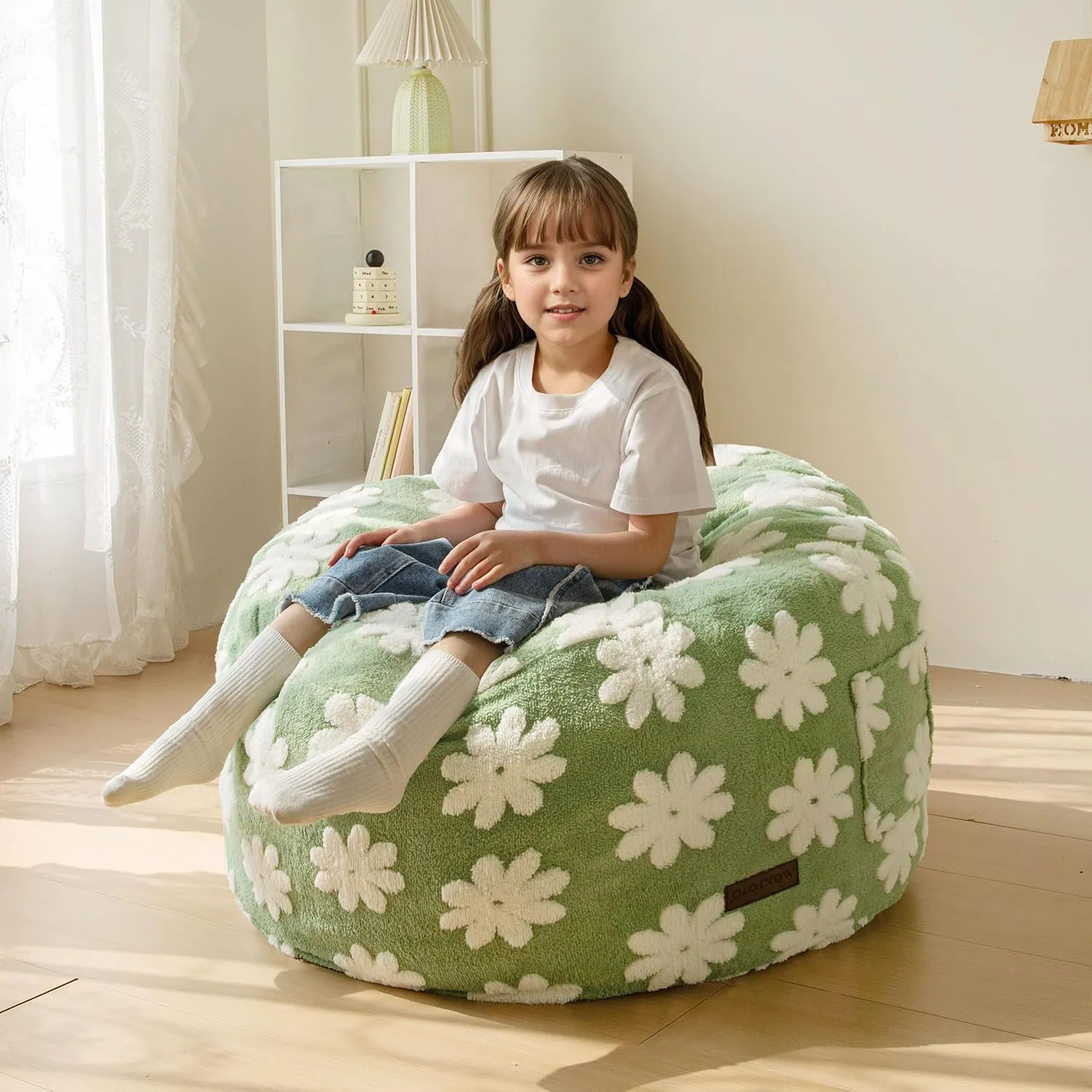 MAXYOYO Bean Bag Chair for Kids, Floral Pattern Lazy Chair with High-Density Foam Filling, Stuffed Floor Sofa Couch for Boys and Girls, Child Floor Sofa for Gaming, Reading, Green