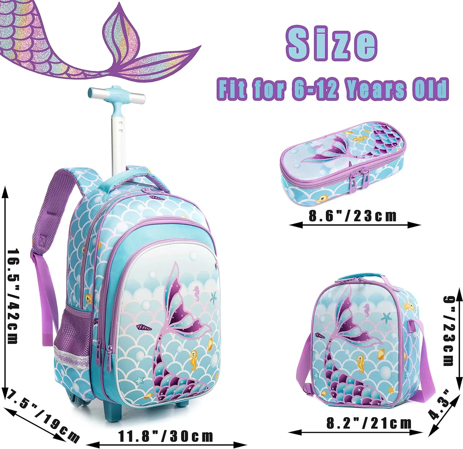Meetbelify Girls Rolling Backpack Wheels Backpacks Kids Luggage for Elementary Preschool Students Cute Suitcase Trolley Trip Wheeled Mermaid Backpack with Lunch Box for Girls