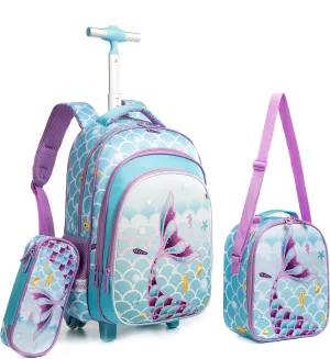 Meetbelify Girls Rolling Backpack Wheels Backpacks Kids Luggage for Elementary Preschool Students Cute Suitcase Trolley Trip Wheeled Mermaid Backpack with Lunch Box for Girls