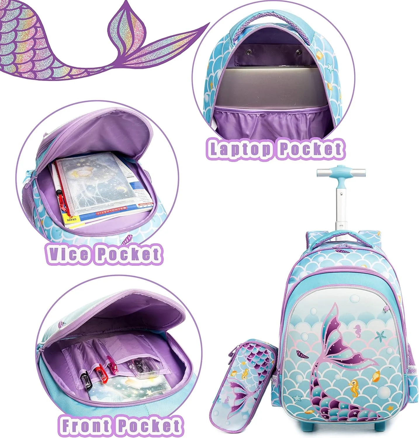 Meetbelify Girls Rolling Backpack Wheels Backpacks Kids Luggage for Elementary Preschool Students Cute Suitcase Trolley Trip Wheeled Mermaid Backpack with Lunch Box for Girls