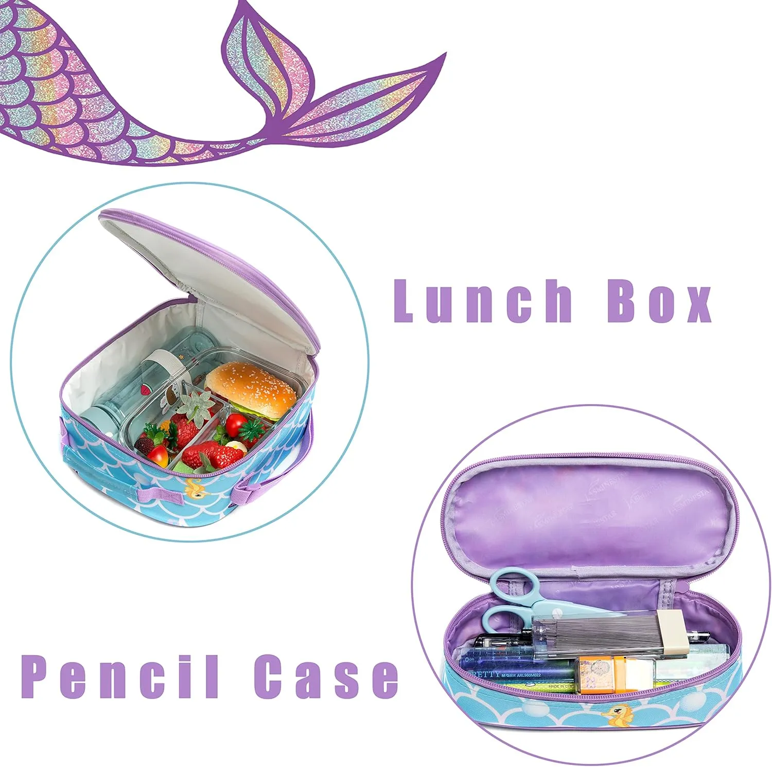 Meetbelify Girls Rolling Backpack Wheels Backpacks Kids Luggage for Elementary Preschool Students Cute Suitcase Trolley Trip Wheeled Mermaid Backpack with Lunch Box for Girls