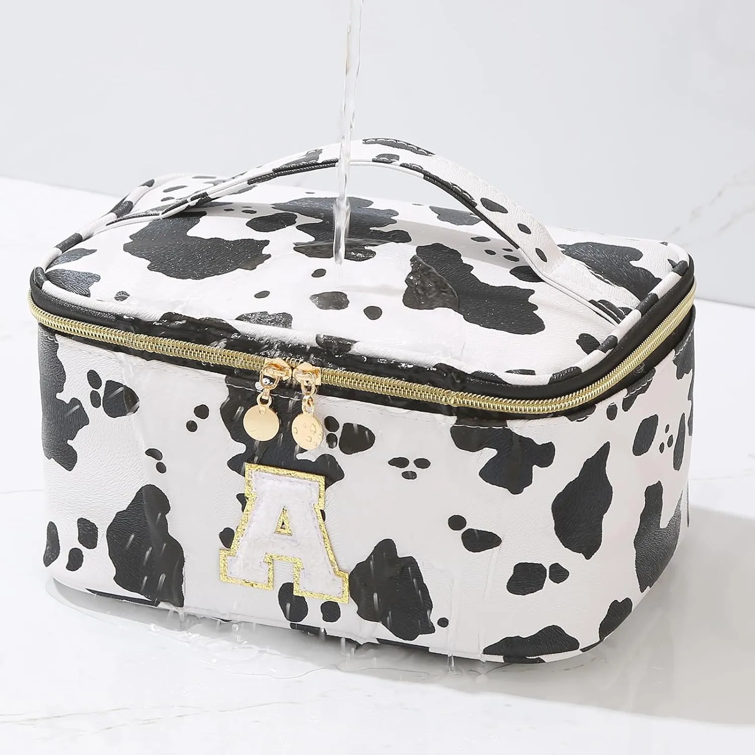 Meiyuuo Large Initial Makeup Bag for Teen Girls Women Gifts Cute Cosmetic Bags Chenille Letter Bag Personalized Monogrammed Travel Pro Pouch Toiletry Organizer with Divider and Handle Cow Print A