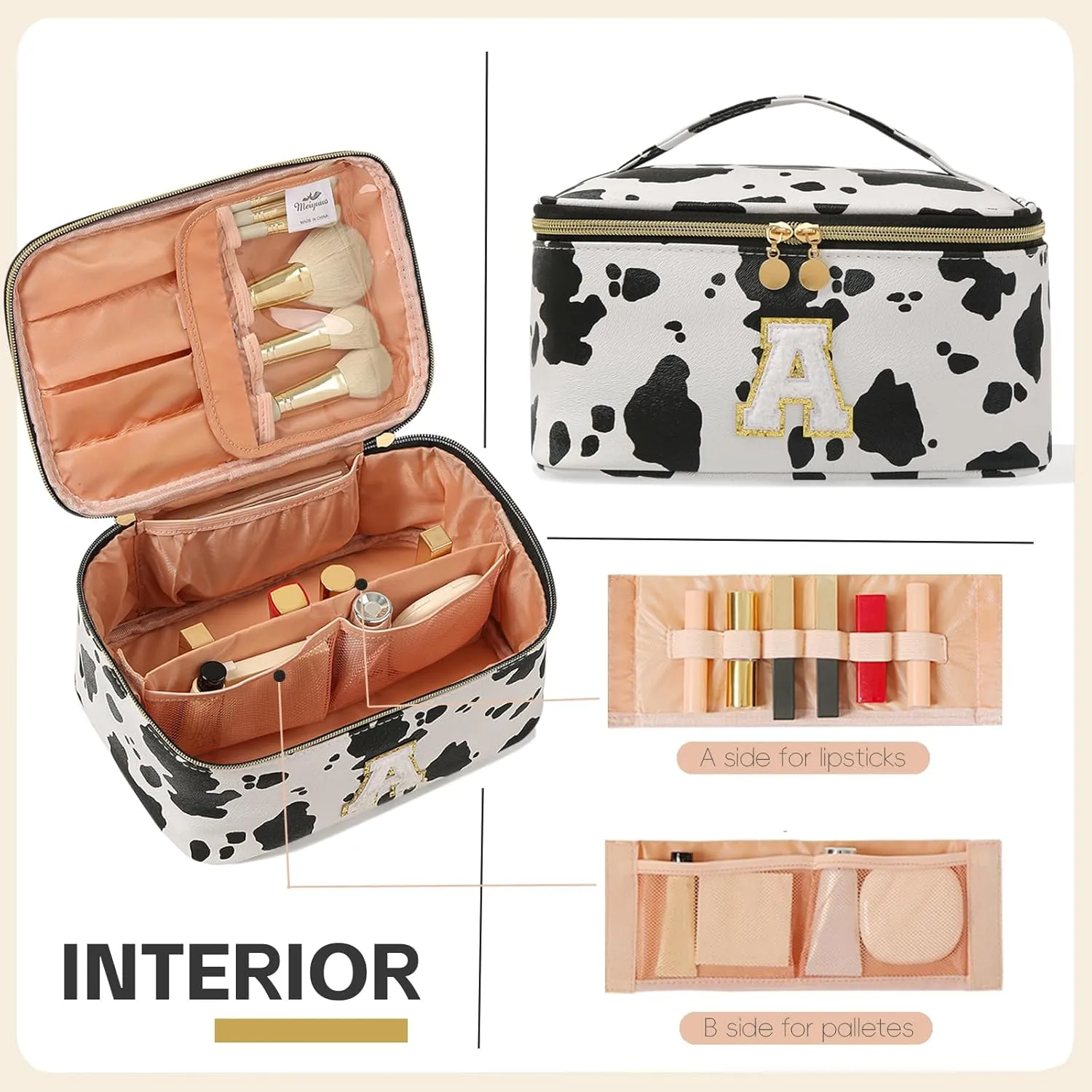 Meiyuuo Large Initial Makeup Bag for Teen Girls Women Gifts Cute Cosmetic Bags Chenille Letter Bag Personalized Monogrammed Travel Pro Pouch Toiletry Organizer with Divider and Handle Cow Print A