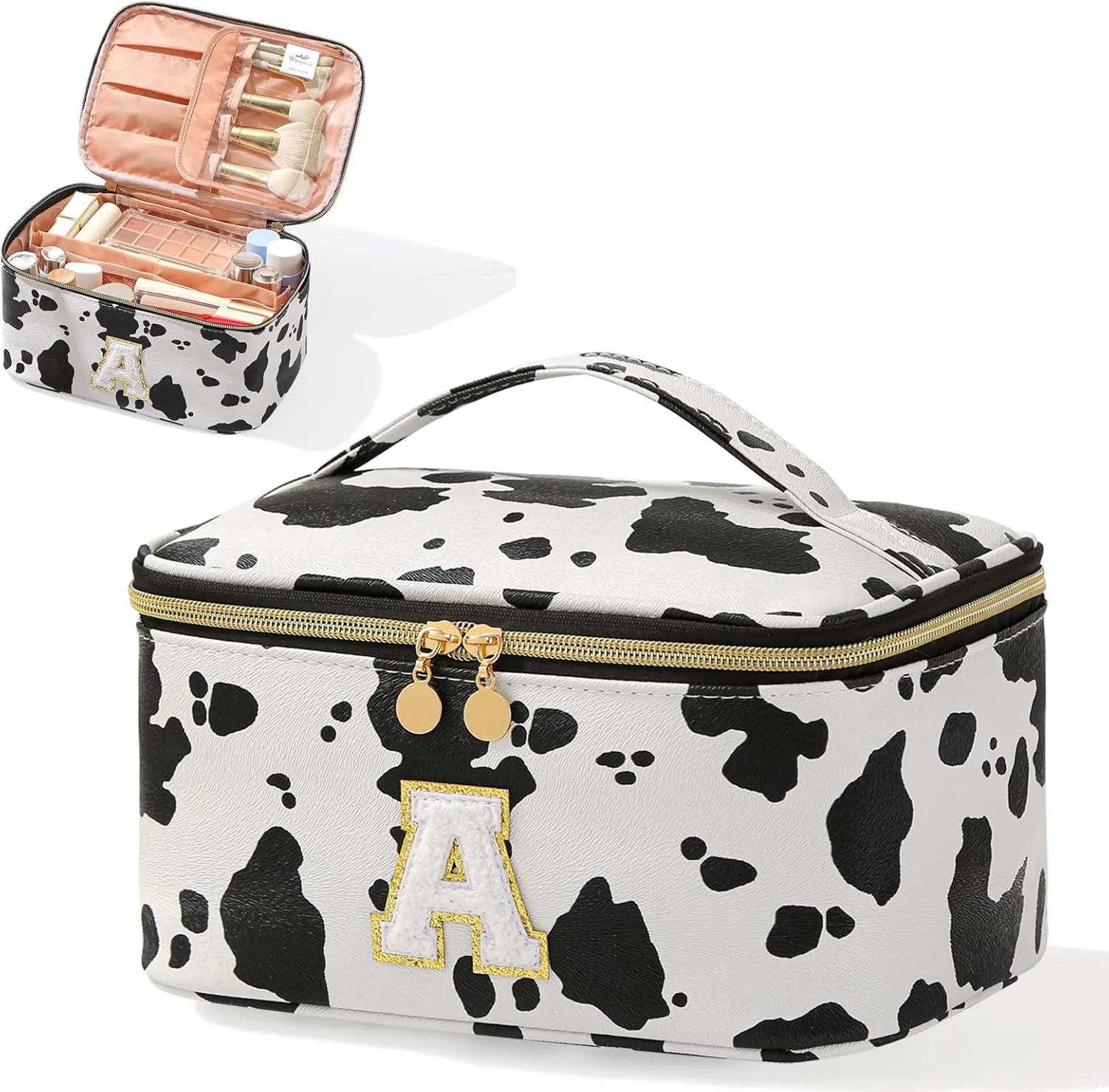 Meiyuuo Large Initial Makeup Bag for Teen Girls Women Gifts Cute Cosmetic Bags Chenille Letter Bag Personalized Monogrammed Travel Pro Pouch Toiletry Organizer with Divider and Handle Cow Print A