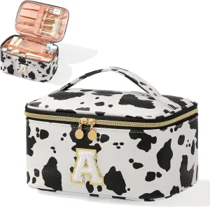 Meiyuuo Large Initial Makeup Bag for Teen Girls Women Gifts Cute Cosmetic Bags Chenille Letter Bag Personalized Monogrammed Travel Pro Pouch Toiletry Organizer with Divider and Handle Cow Print A