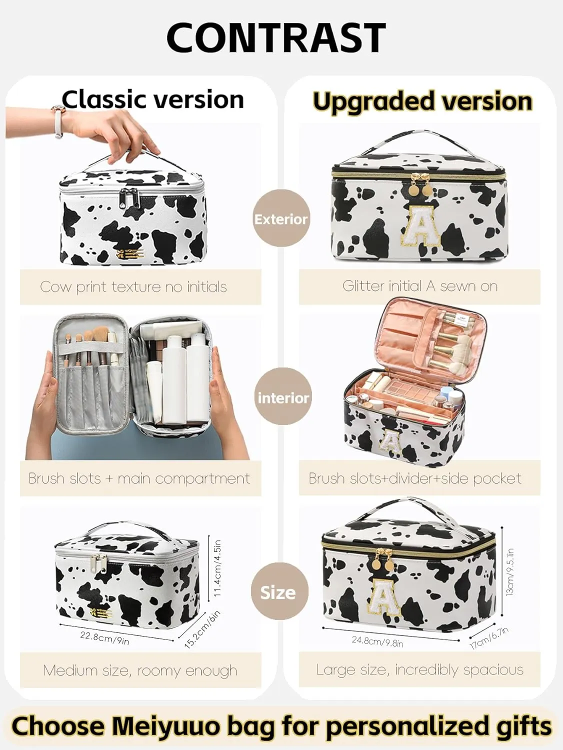 Meiyuuo Large Initial Makeup Bag for Teen Girls Women Gifts Cute Cosmetic Bags Chenille Letter Bag Personalized Monogrammed Travel Pro Pouch Toiletry Organizer with Divider and Handle Cow Print A
