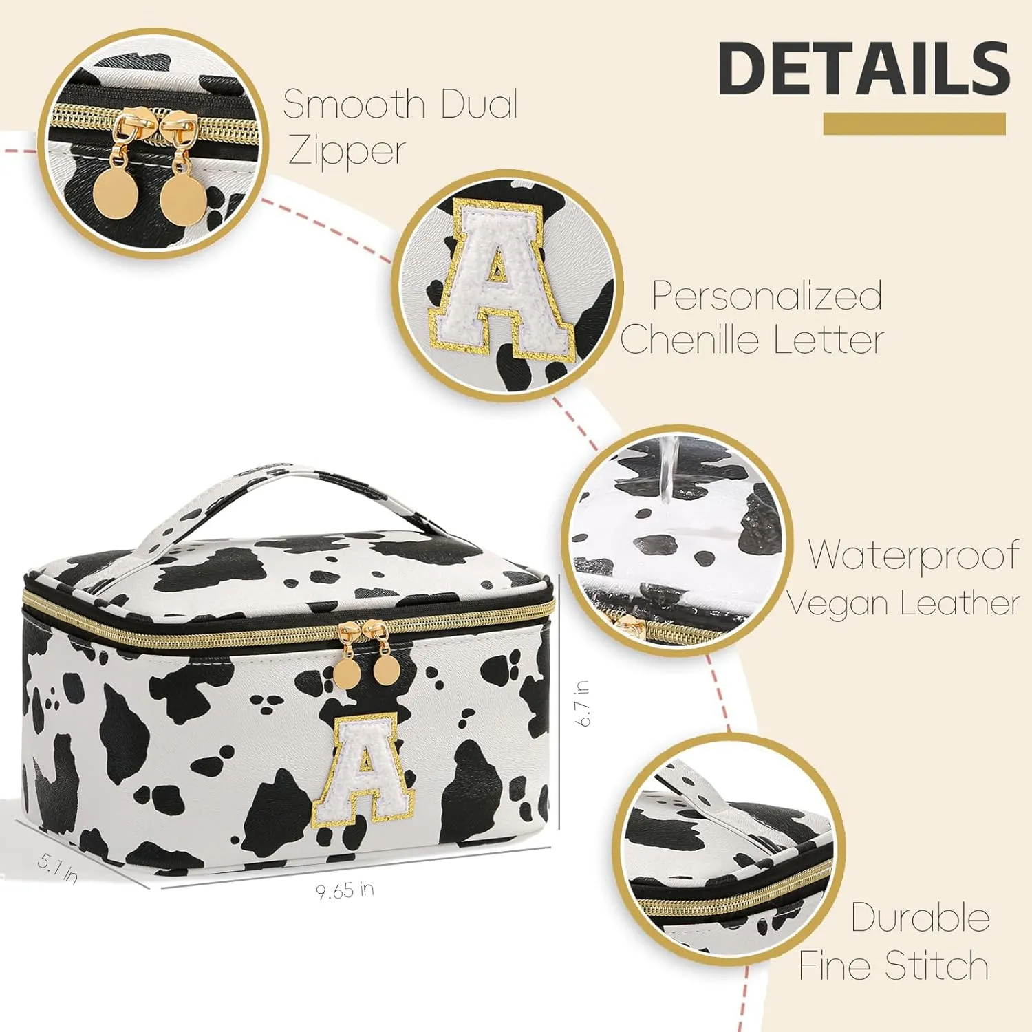 Meiyuuo Large Initial Makeup Bag for Teen Girls Women Gifts Cute Cosmetic Bags Chenille Letter Bag Personalized Monogrammed Travel Pro Pouch Toiletry Organizer with Divider and Handle Cow Print A