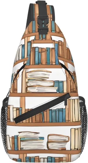 Men's Cross Chest Bag Diagonally(Funny Book Shelves Collection and Ladder), Crossbody Shoulder Bag Travel Hiking Daypack for Women
