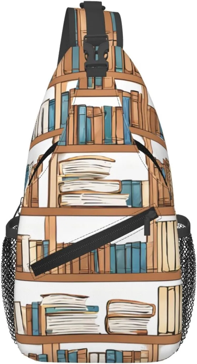 Men's Cross Chest Bag Diagonally(Funny Book Shelves Collection and Ladder), Crossbody Shoulder Bag Travel Hiking Daypack for Women