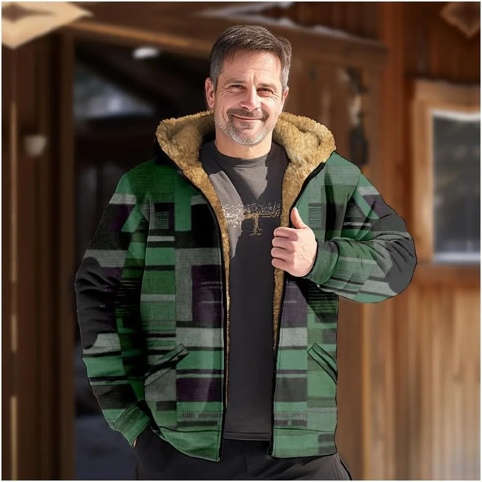Mens Fuzzy Sherpa Jacket Long Sleeve Fleece Zip Up Coat Fall Winter Puffer Jacket Casual Zipper Varsity Coat Hooded