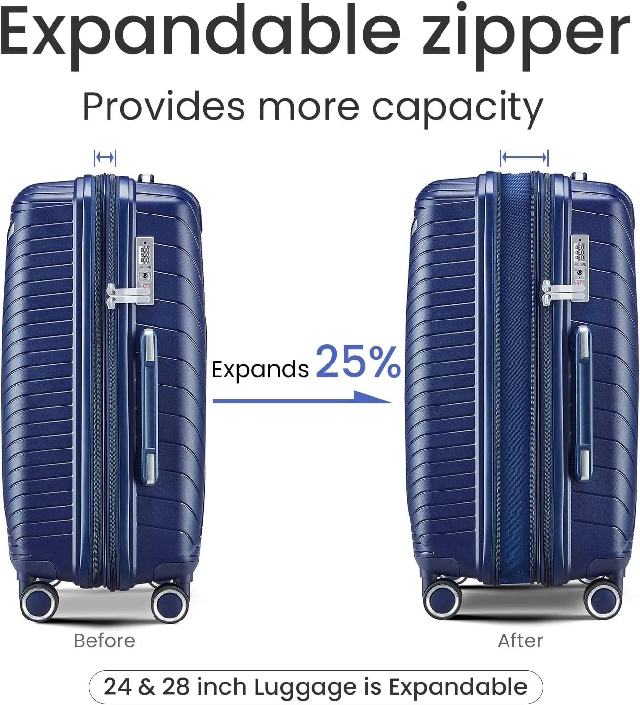 Merax Luggage Set of 4, Expandable Lightweight Suitcase with 4 Double 360 Degrees Mute Spinner Wheels and TSA Lock, PP Materials, 14”20”24”28”, Navy Blue