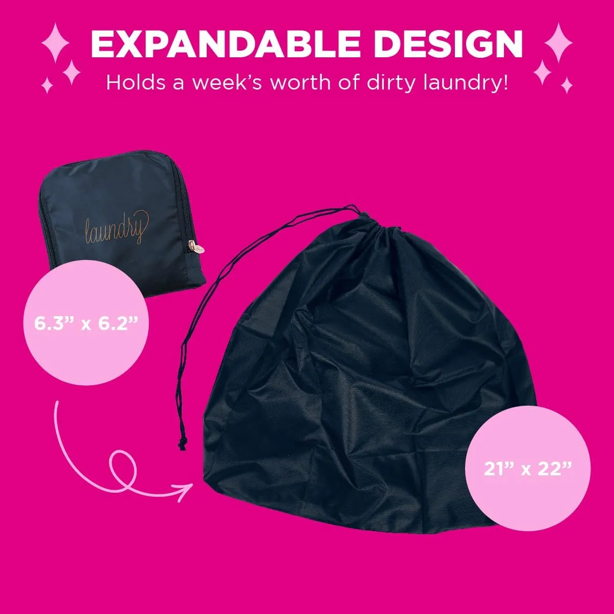 Miamica Foldable Travel Laundry Bag, Navy Blue & Gold – Measures 21” x 22” When Fully Opened – Foldable Laundry Bag with Drawstring Closure – Durable, Lightweight Travel Accessories