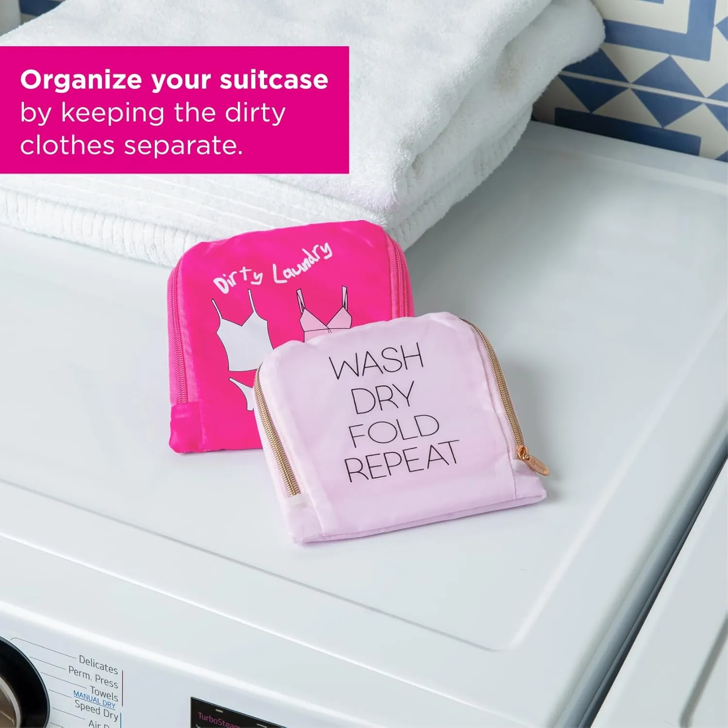 Miamica Soft Travel Laundry Bag with Zipper and Drawstring, Navy & Fuchsia, 21” x 22” – Keep Your Dirty Clothes Separate and Your Suitcase Organized – Expandable, Durable, and Foldable Laundry Bag