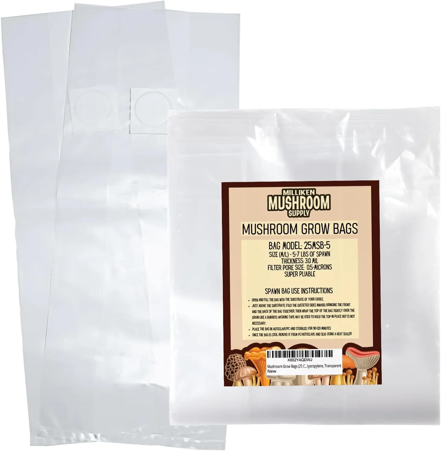 Milliken Mushroom Supply Mushroom Grow Bags | Medium/Large (8″ x 5″ x 19") Mushroom Grow Bags With 0.5-Micron Filter Patch