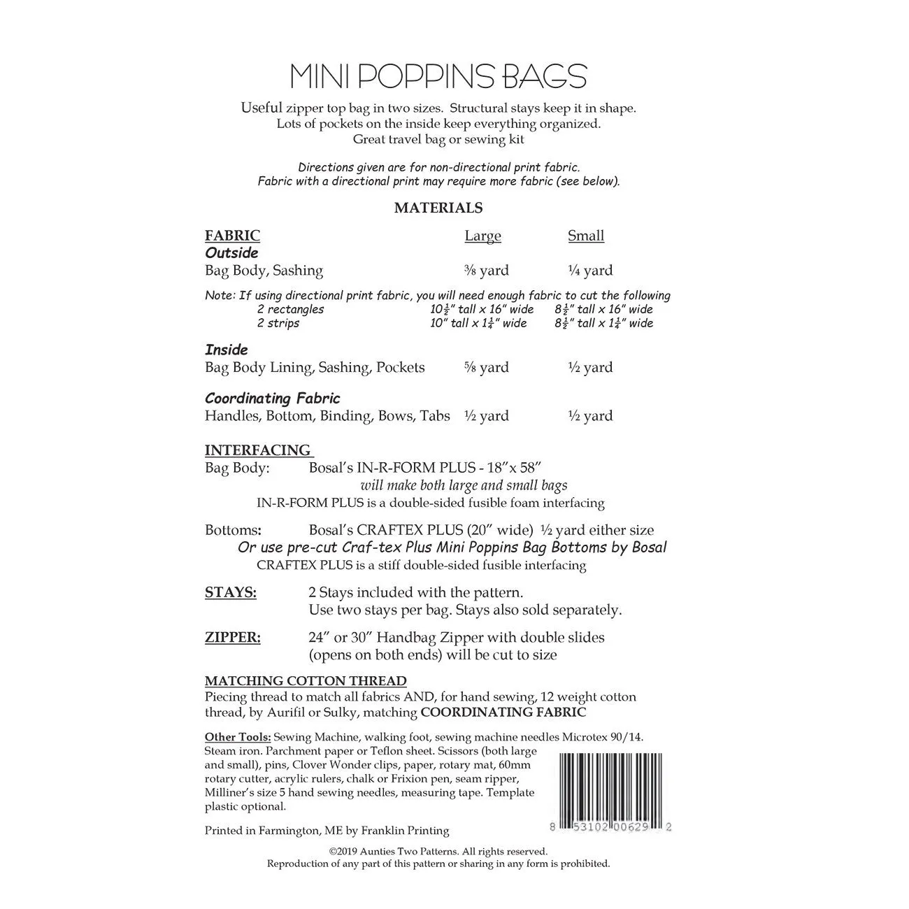 Mini Poppins Bag Pattern with Stays - Aunties Two