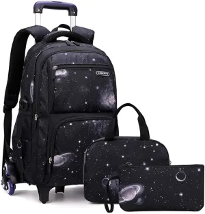 MITOWERMI Boys Rolling Backpacks Kids'Luggage Wheeled Backpack for School Boys Trolley Bags Space-Galaxy Roller Bookbag with Lunch Bag
